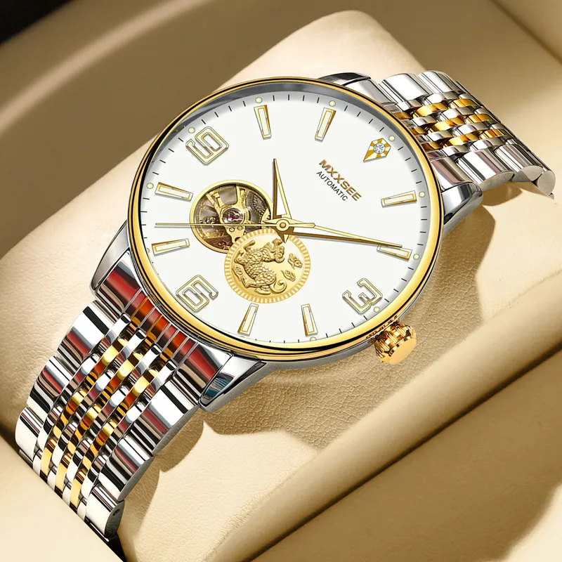 MXXSEE Greeting Card Writing A Box For You Mechanical Movement Steel Strap Watch Men's Watches White Dial-1