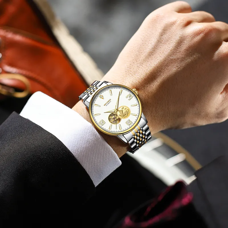 MXXSEE Greeting Card Writing A Box For You Mechanical Movement Steel Strap Watch Men's Watches White Dial-3