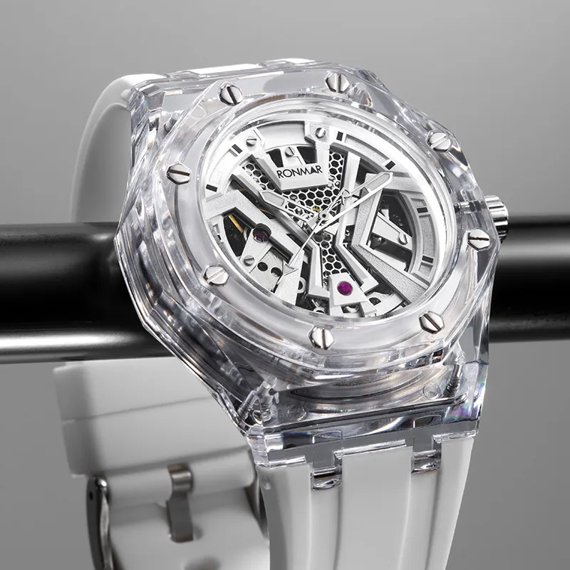RONMAR Automatic Mechanical Movement Silicone Strap Watch Men's Watches Cut Out Dial-2