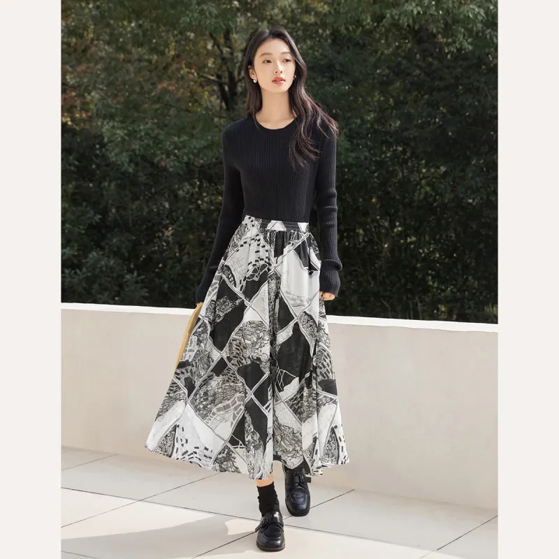 DIALOGUE Casual Long Skirts Women's Black White Arts Print-2