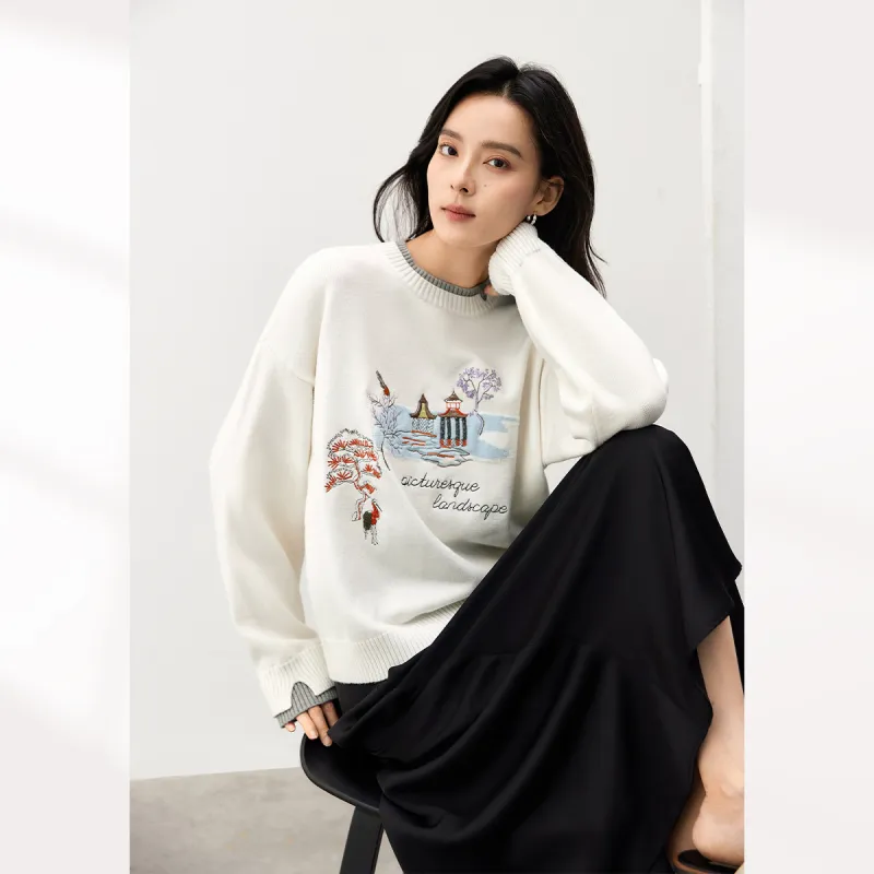 DIALOGUE Sweater Women's Landscape Embroidery White-3