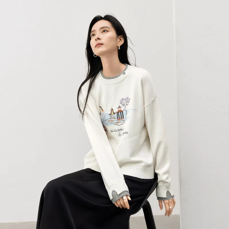 DIALOGUE Sweater Women's Landscape Embroidery White-2