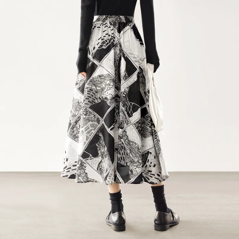 DIALOGUE Casual Long Skirts Women's Black White Arts Print-3