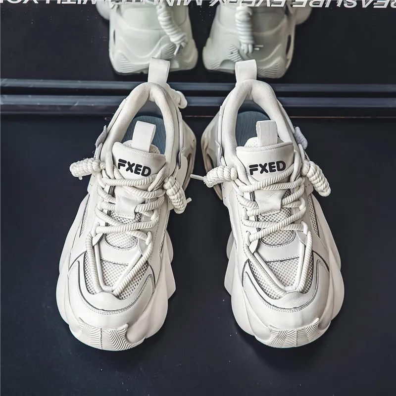Van Ban Cushioning Anti-Slip Wear-Resistant Breathable Height Increasing Low-Top Chunky Sneakers Men's White-3