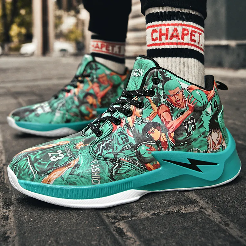 Black-tailed Deer Cushioned Slip-Resistant Abrasion-Resistant High-Top Basketball Shoes Unisex Mismatched Cyan Purple-3