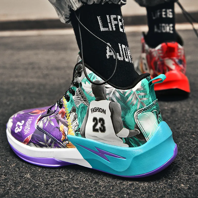 Black-tailed Deer Cushioned Slip-Resistant Abrasion-Resistant High-Top Basketball Shoes Unisex Mismatched Cyan Purple-23