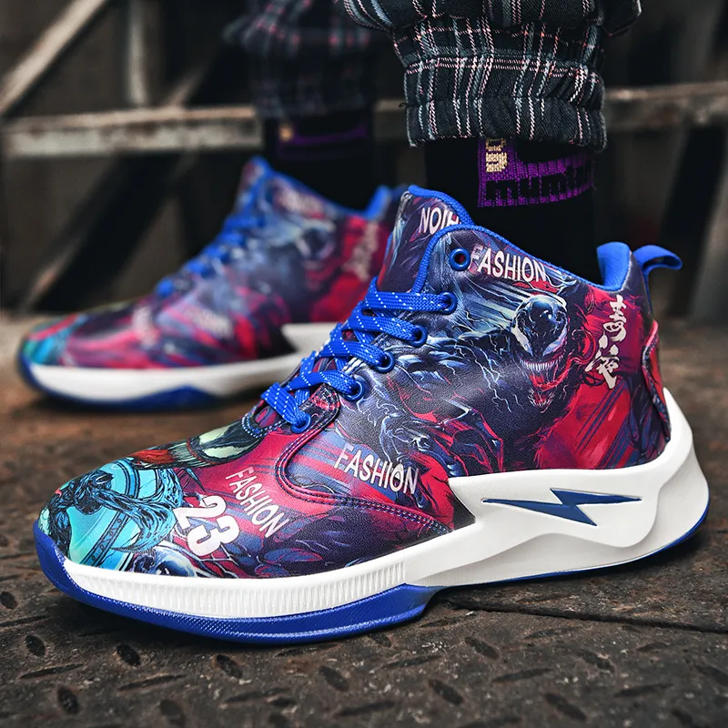 Black-tailed Deer Cushioned Slip-Resistant Abrasion-Resistant High-Top Basketball Shoes Unisex Mismatched Cyan Purple-10