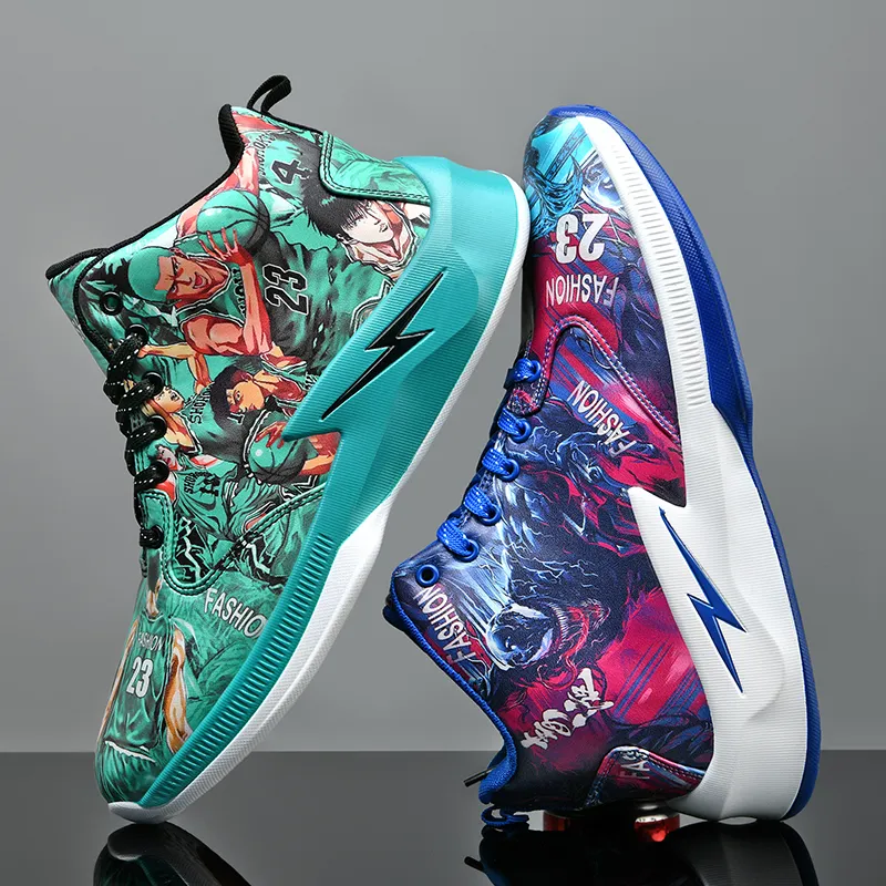 Black-tailed Deer Cushioned Slip-Resistant Abrasion-Resistant High-Top Basketball Shoes Unisex Mismatched Cyan Purple-16