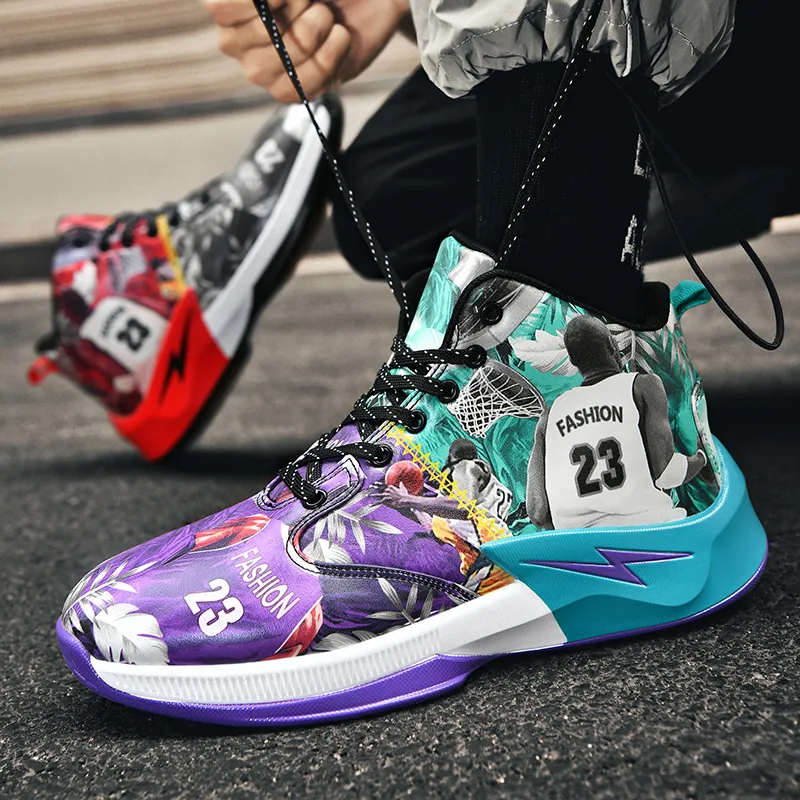 Black-tailed Deer Cushioned Slip-Resistant Abrasion-Resistant High-Top Basketball Shoes Unisex Mismatched Cyan Purple-20