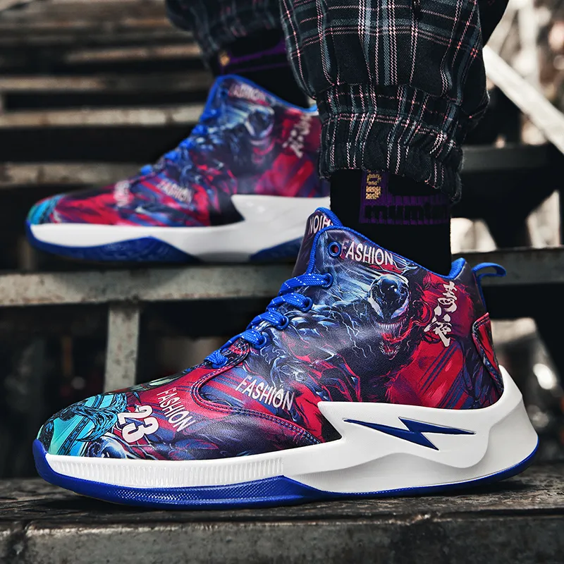 Black-tailed Deer Cushioned Slip-Resistant Abrasion-Resistant High-Top Basketball Shoes Unisex Mismatched Cyan Purple-8