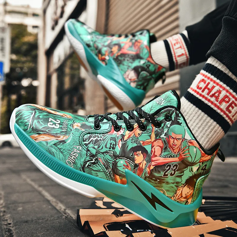 Black-tailed Deer Cushioned Slip-Resistant Abrasion-Resistant High-Top Basketball Shoes Unisex Mismatched Cyan Purple-2