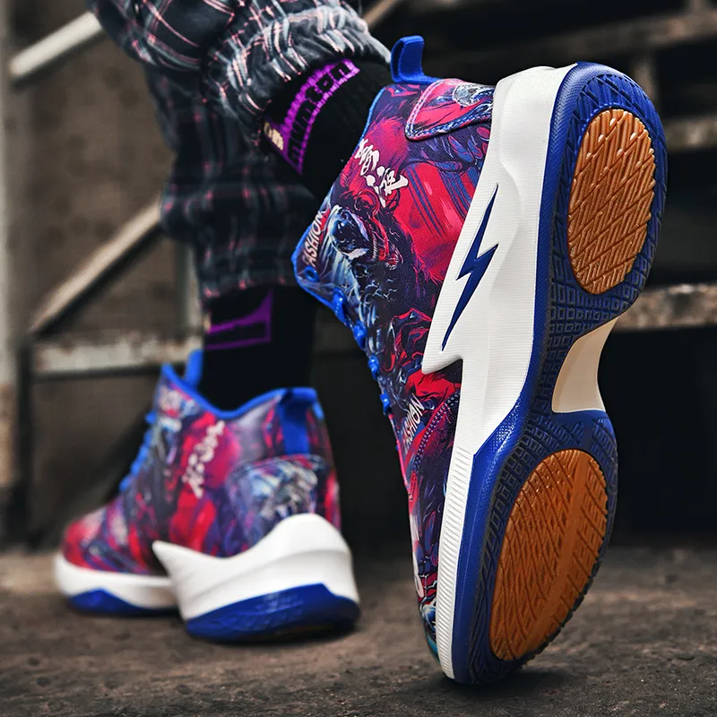 Black-tailed Deer Cushioned Slip-Resistant Abrasion-Resistant High-Top Basketball Shoes Unisex Mismatched Cyan Purple-11