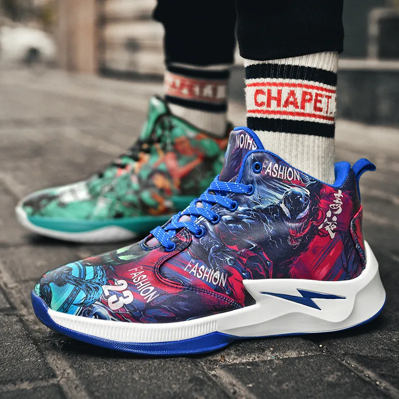 Black-tailed Deer Cushioned Slip-Resistant Abrasion-Resistant High-Top Basketball Shoes Unisex Mismatched Cyan Purple-13