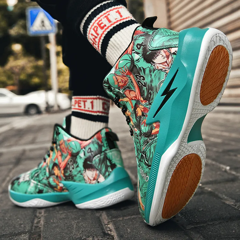 Black-tailed Deer Cushioned Slip-Resistant Abrasion-Resistant High-Top Basketball Shoes Unisex Mismatched Cyan Purple-4