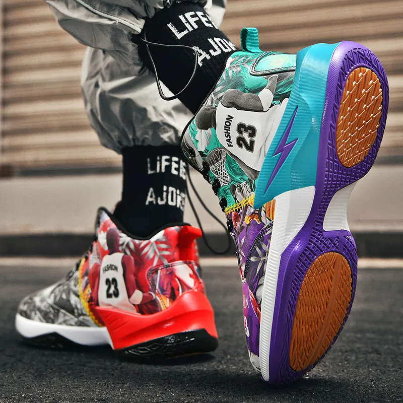 Black-tailed Deer Cushioned Slip-Resistant Abrasion-Resistant High-Top Basketball Shoes Unisex Mismatched Cyan Purple-22