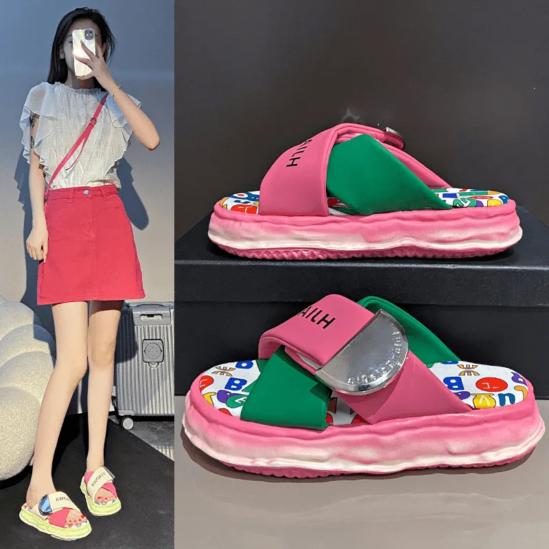 REIHUNG Rubber Sole Sequins Quiet Abrasion Resistant Quick Dry Massage Cushioning Slide Slippers Women's-4