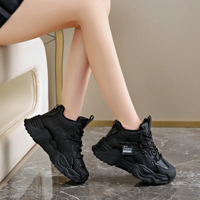 REIHUNG Cushioning Anti-Slip Wear-Resistant Breathable Height Increasing Mid-Top Chunky Sneakers Women's-5