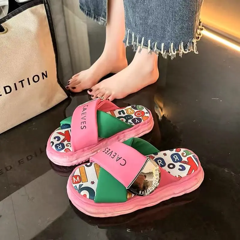 REIHUNG Rubber Sole Sequins Quiet Abrasion Resistant Quick Dry Massage Cushioning Slide Slippers Women's-2