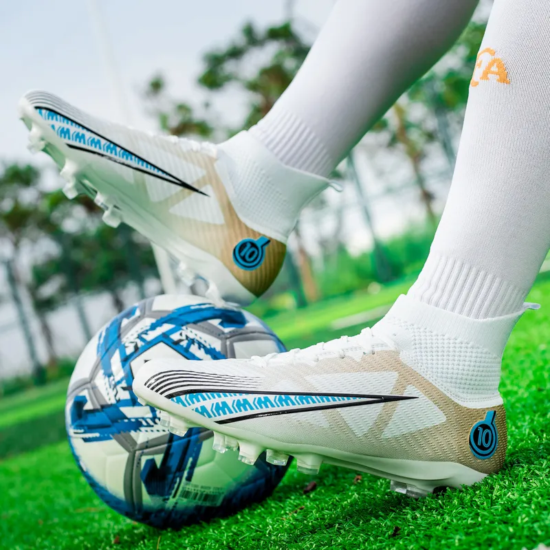 OFFER AITR Soccer Shoes Unisex High Top Aqua/White Gold/Black-35