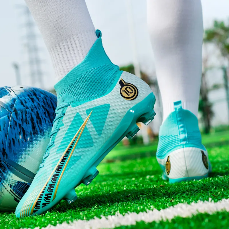 OFFER AITR Soccer Shoes Unisex High Top Aqua/White Gold/Black-23