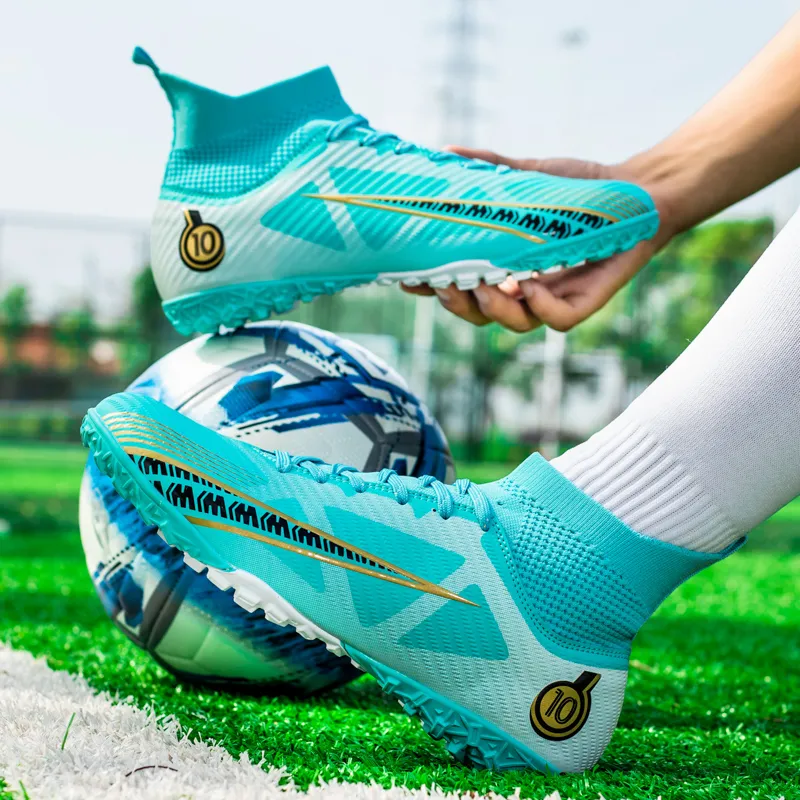 OFFER AITR Soccer Shoes Unisex High Top Aqua/White Gold/Black-4