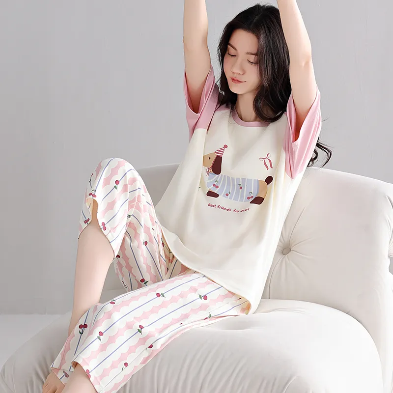 Shivs Pajama Set Women's Pink White-4