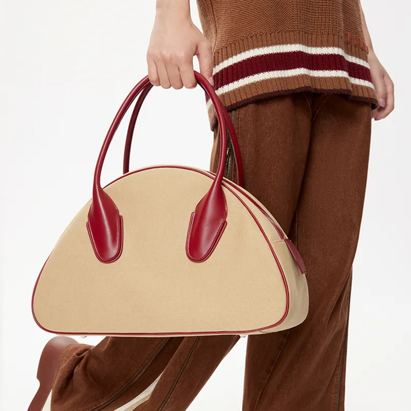 Lost In Echo Canvas With Leather Canvas Bag, Bowling Ball Crossbody Bag, Handbag Large Size Women's Khaki Red-6