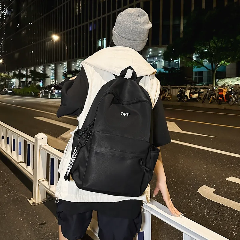 KAKAXI Nylon Backpack Unisex Black Solid Color/Black Letter/Black Smiley Face-1