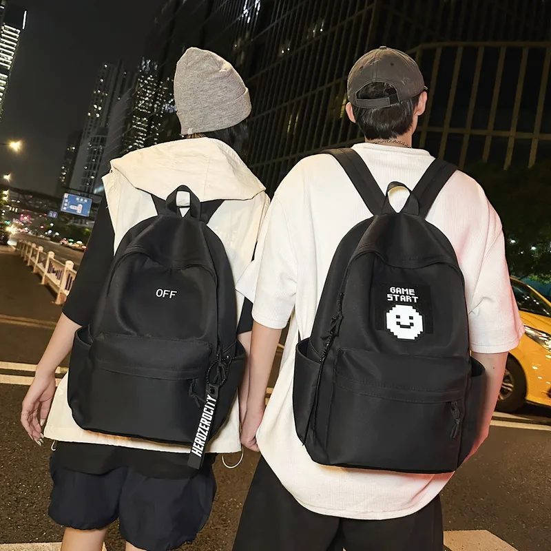 KAKAXI Nylon Backpack Unisex Black Solid Color/Black Letter/Black Smiley Face-2