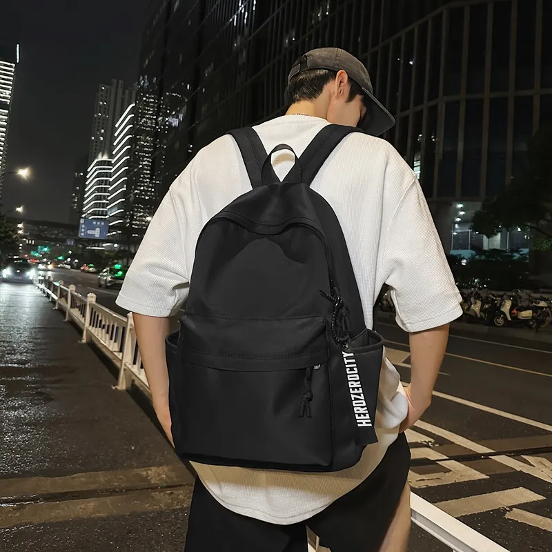 KAKAXI Nylon Backpack Unisex Black Solid Color/Black Letter/Black Smiley Face-5