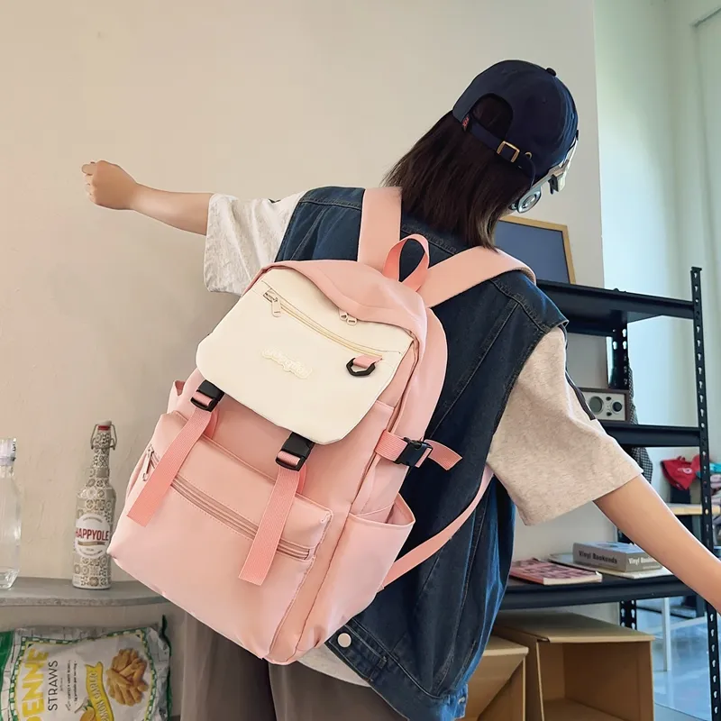 KAKAXI Nylon Backpack Unisex Black/Pink/Dark Khaki/Light Khaki-3