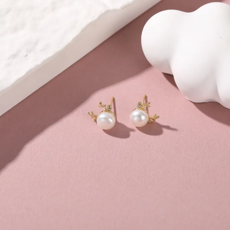 Vegetarian Zircon Freshwater Pearl Stud Earrings Women's-6
