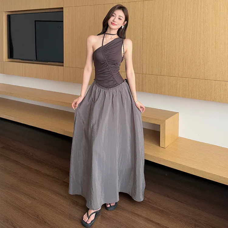 PZGE Sleeveless Dresses Women's Black Gray Color Dress-4
