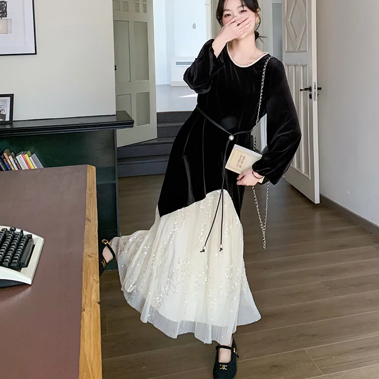 PZGE Long-Sleeved Dresses Women's Black-2