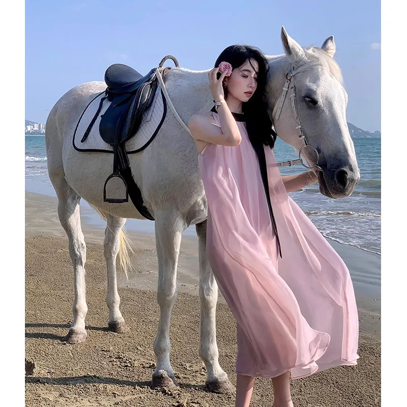 PZGE Sleeveless Dresses Women's Pink Long Dress-2