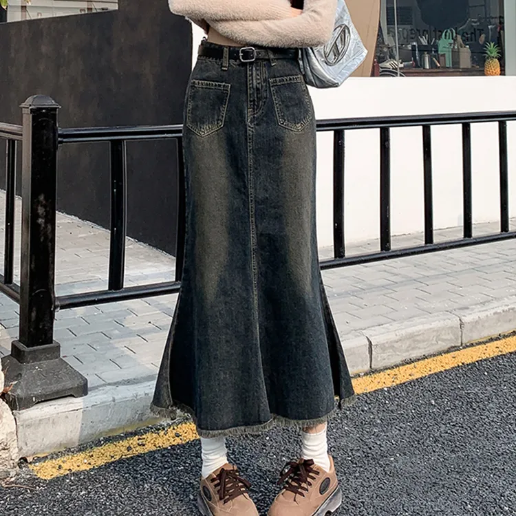 PZGE Denim Long Skirts Women's Vintage Blue-4
