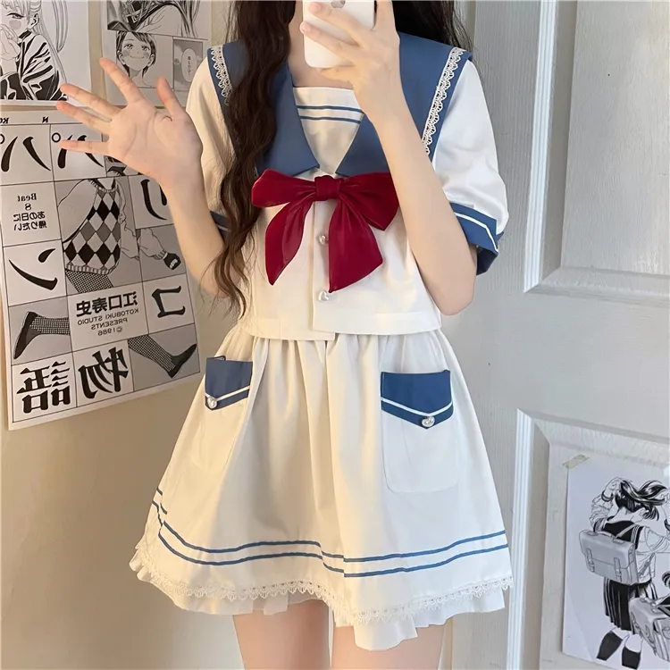 PZGE Uniforms Women's Clothing Sets Sailor Suit+Bowknot+Skirt-3