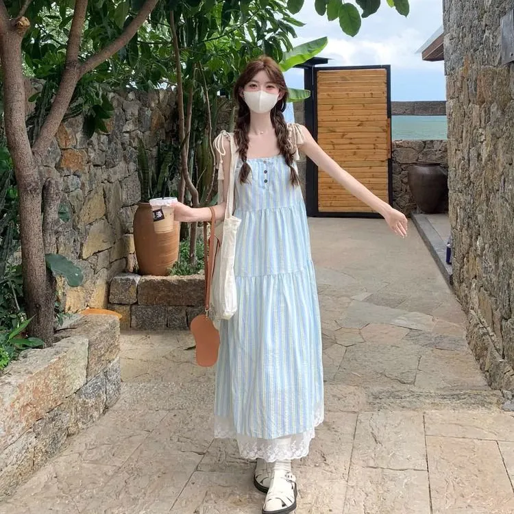 PZGE Slip Dresses Women's Blue-4