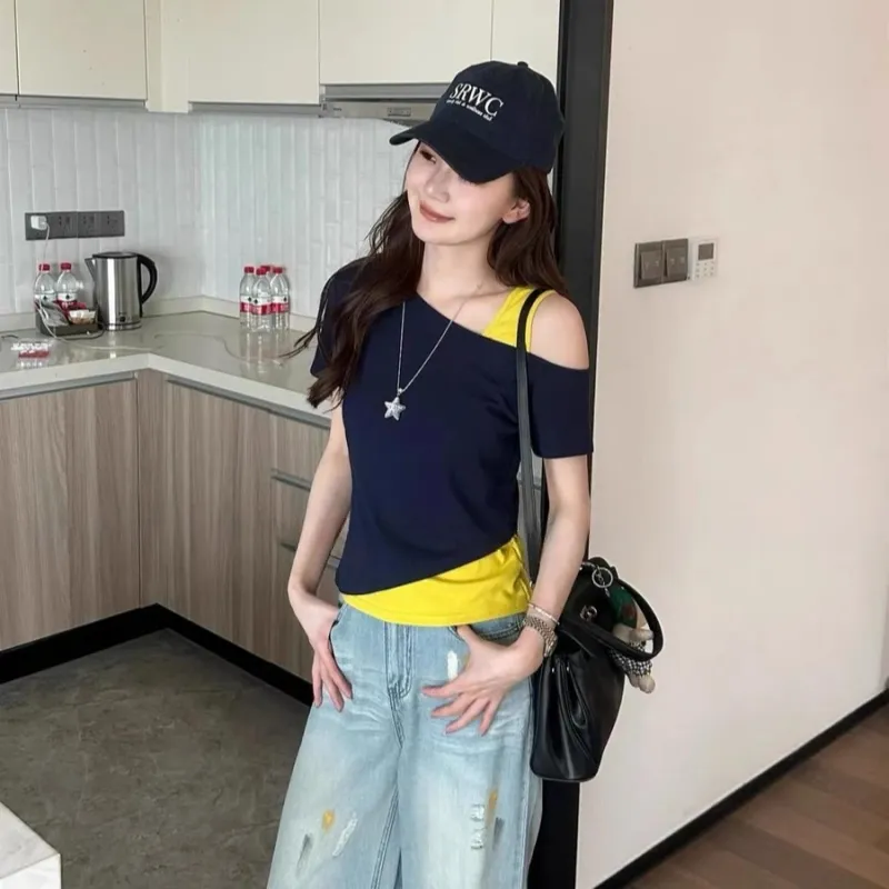 PZGE T Shirts Women's Navy Blue Contrast Yellow-4