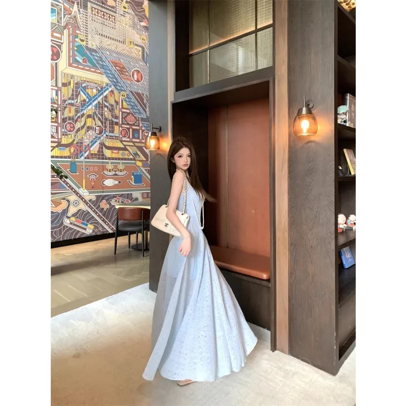 PZGE Slip Dresses Women's Blue Maxi Skirt-5