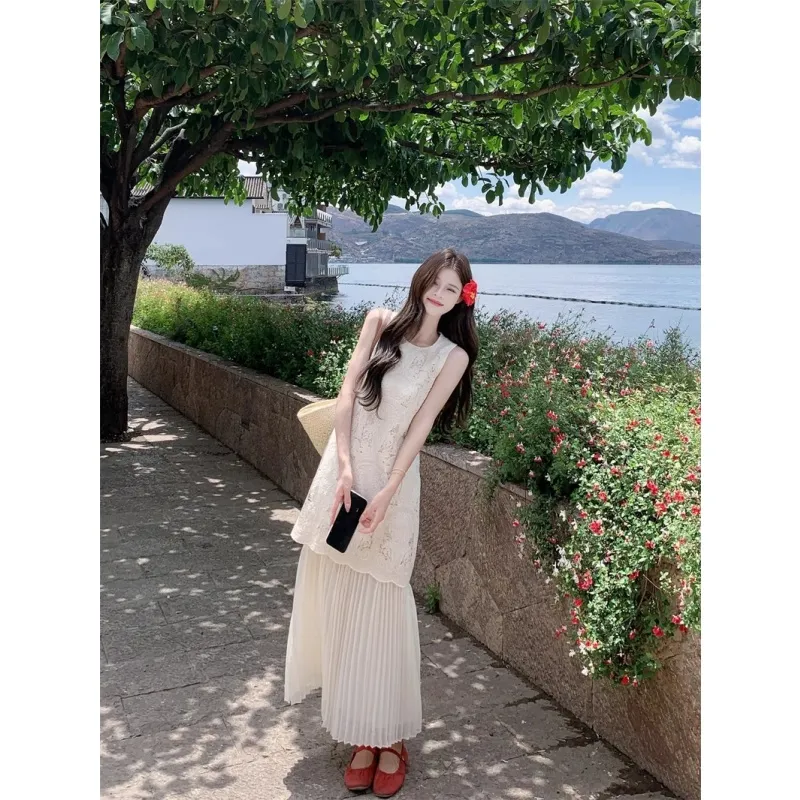 PZGE Sleeveless Dresses Women's Beige Apricot Heavyweight Long Skirt-2