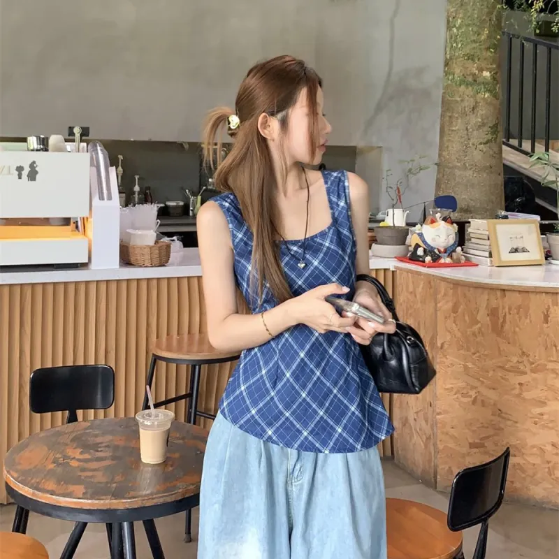 PZGE Tank Tops Women's Blue Plaid Tank Top With Strapless Design-5