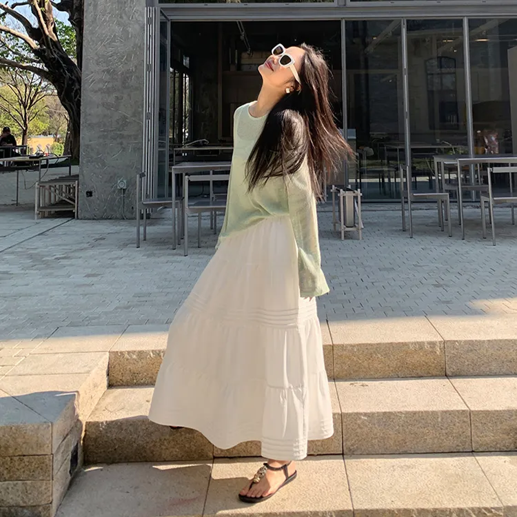 PZGE Casual Long Skirts Women's White-6