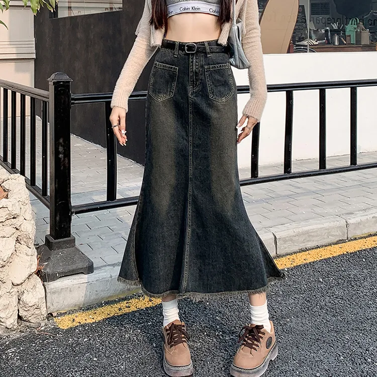 PZGE Denim Long Skirts Women's Vintage Blue-5