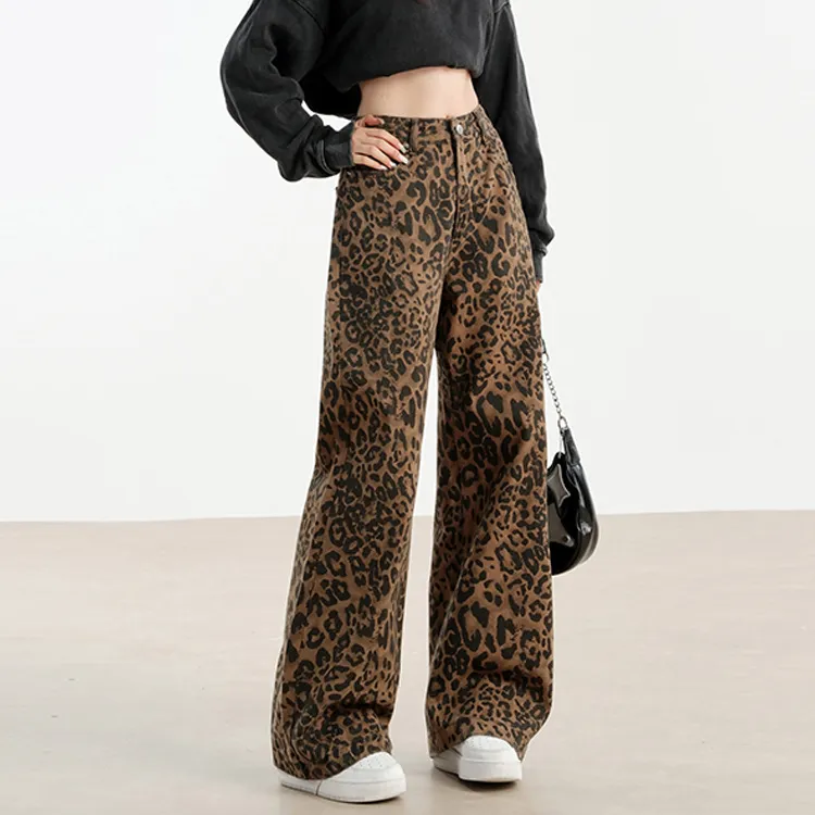 PZGE Jeans Women's Coffee Brown Leopard Print-2