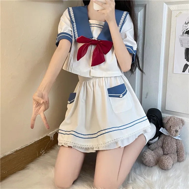 PZGE Uniforms Women's Clothing Sets Sailor Suit+Bowknot+Skirt-5