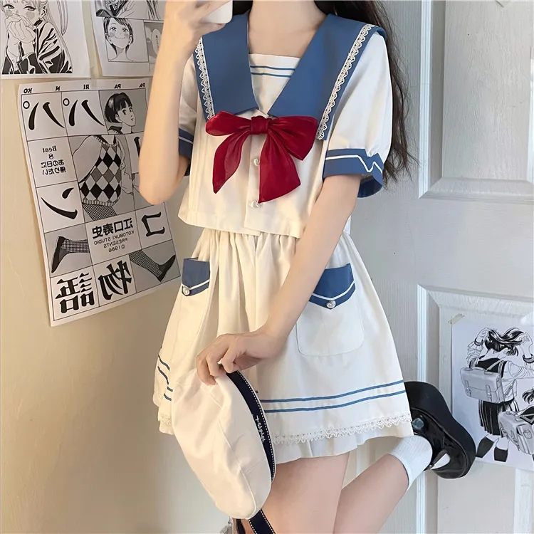 PZGE Uniforms Women's Clothing Sets Sailor Suit+Bowknot+Skirt-6