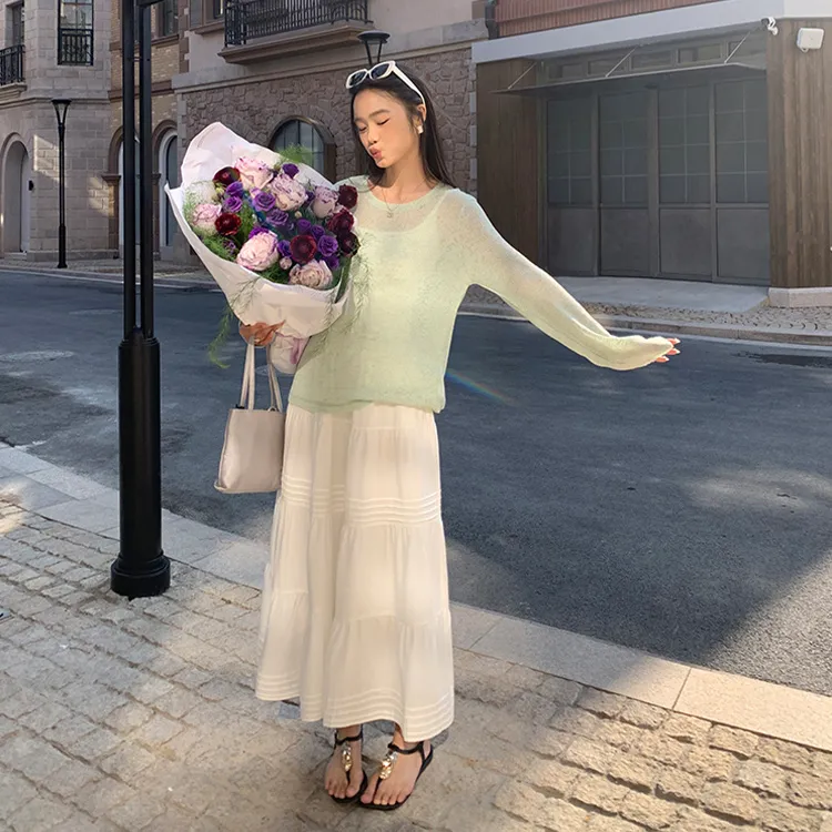 PZGE Casual Long Skirts Women's White-2