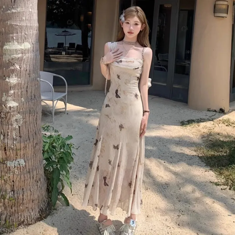 PZGE Slip Dresses Women's Beige Yellow Butterfly Dress-2