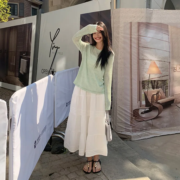 PZGE Casual Long Skirts Women's White-4